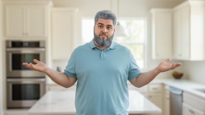 A man with gray hair and a beard, wearing a light blue polo shirt, stands in a bright modern kitchen with his arms raised and palms up in a gesture of uncertainty or confusion.