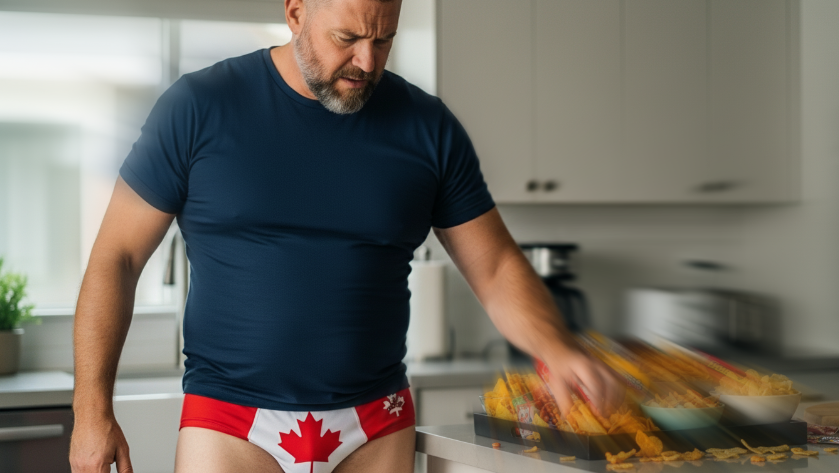 A man in a navy blue t-shirt and Canadian flag underwear stands in a modern kitchen, reaching toward a tray of food on the counter.