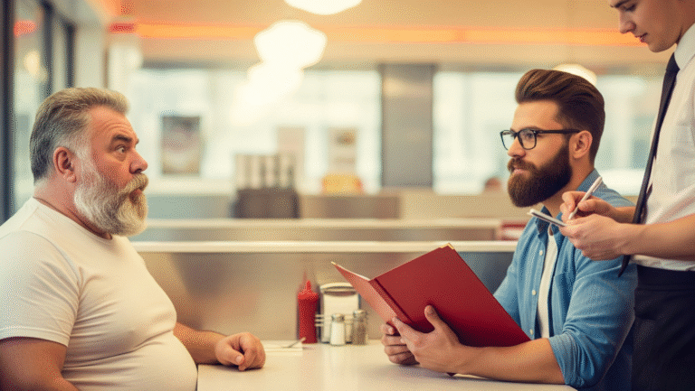 Two men sit in a diner booth; one reads a menu while a waiter stands beside them taking their order. The setting features classic diner decor with ketchup and mustard bottles on the table.