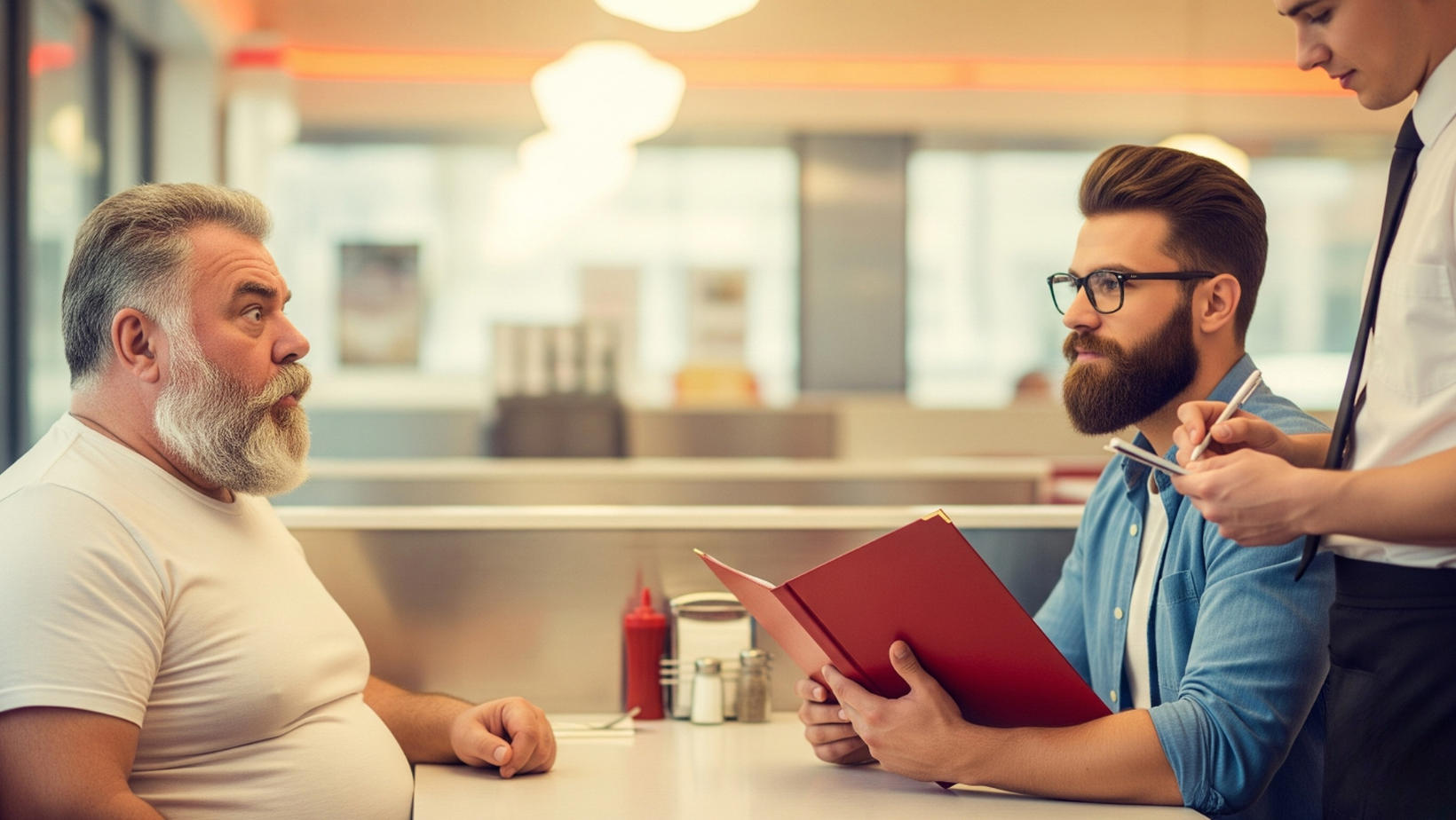 Two men sit in a diner booth; one reads a menu while a waiter stands beside them taking their order. The setting features classic diner decor with ketchup and mustard bottles on the table.