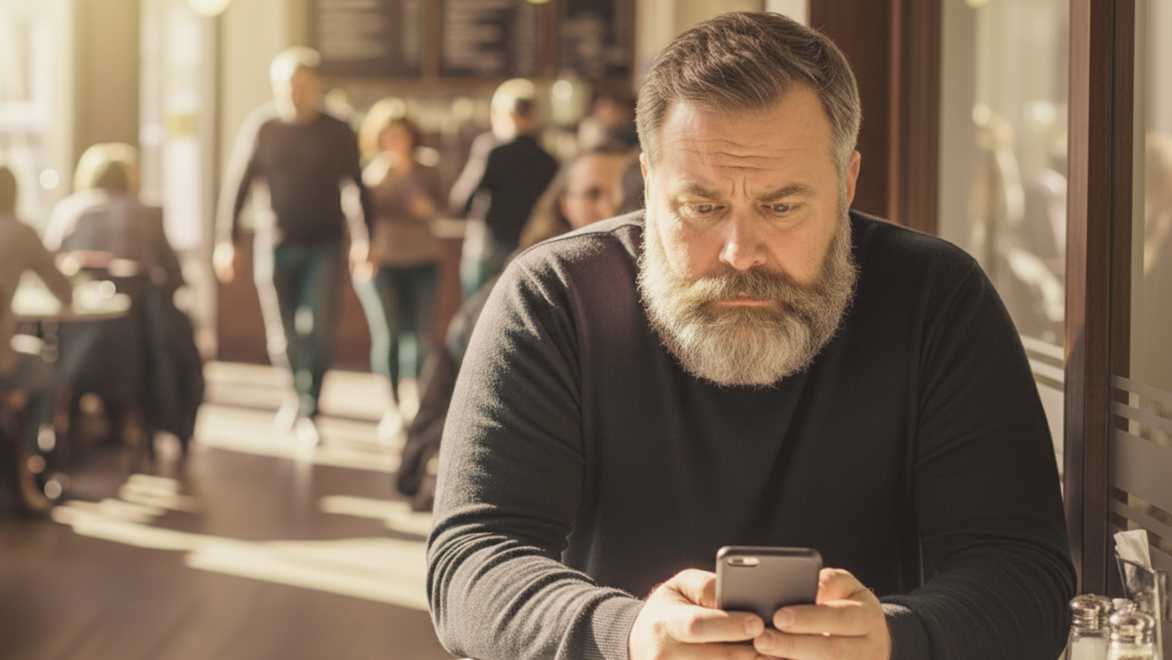 A middle-aged man with a gray beard sits alone at a café table, looking down at his smartphone. Sunlight filters through the windows, and people are seen walking and sitting in the background.