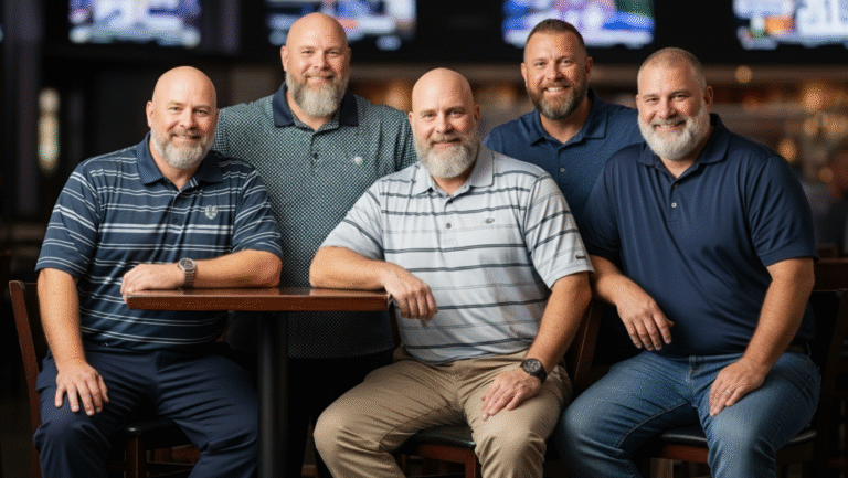 Five middle-aged men with beards and short hair, all wearing casual collared shirts, sit and stand around a wooden table in a bar or pub setting, smiling at the camera. Televisions can be seen in the background.