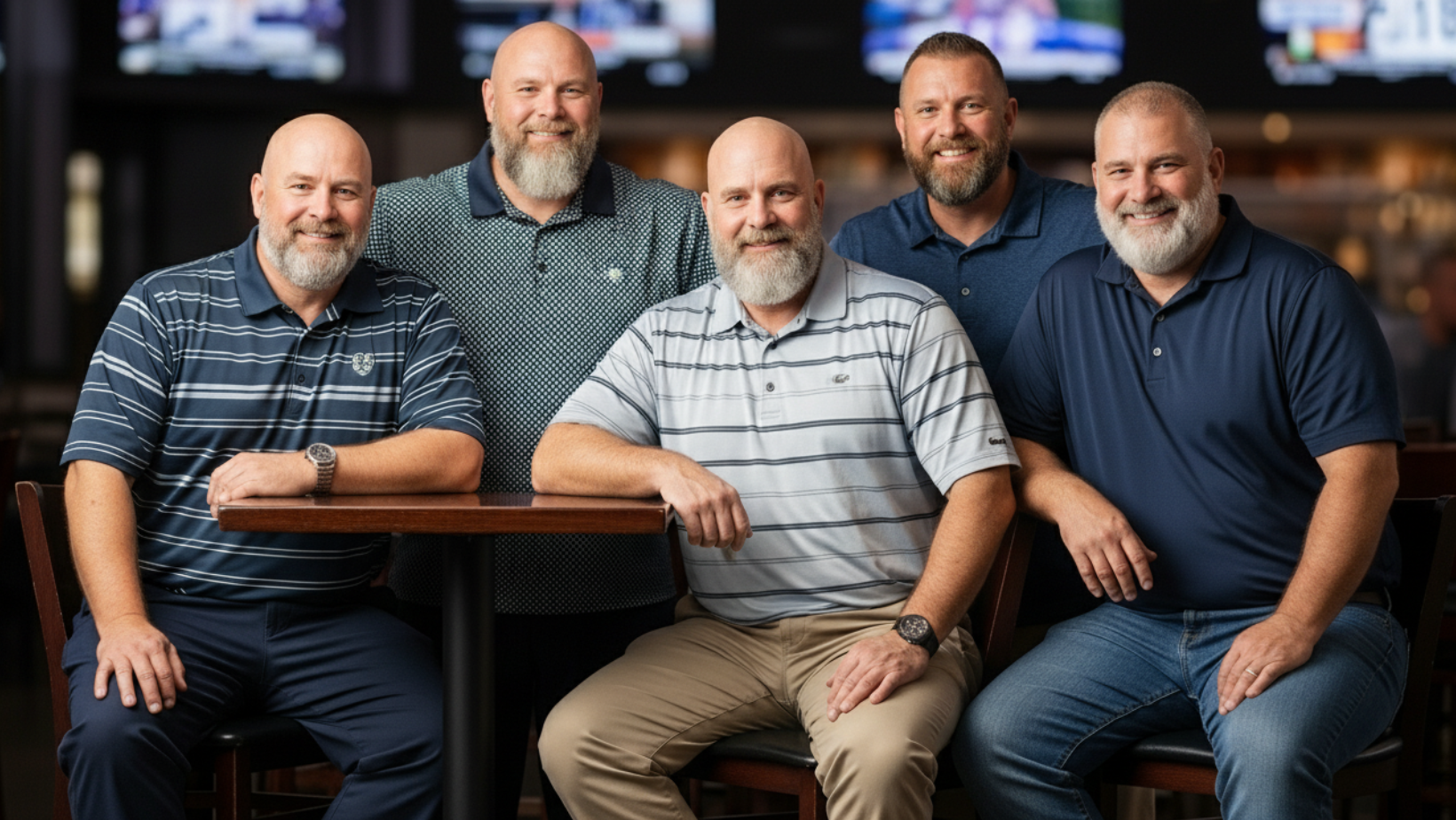 Five middle-aged men with beards and short hair, all wearing casual collared shirts, sit and stand around a wooden table in a bar or pub setting, smiling at the camera. Televisions can be seen in the background.