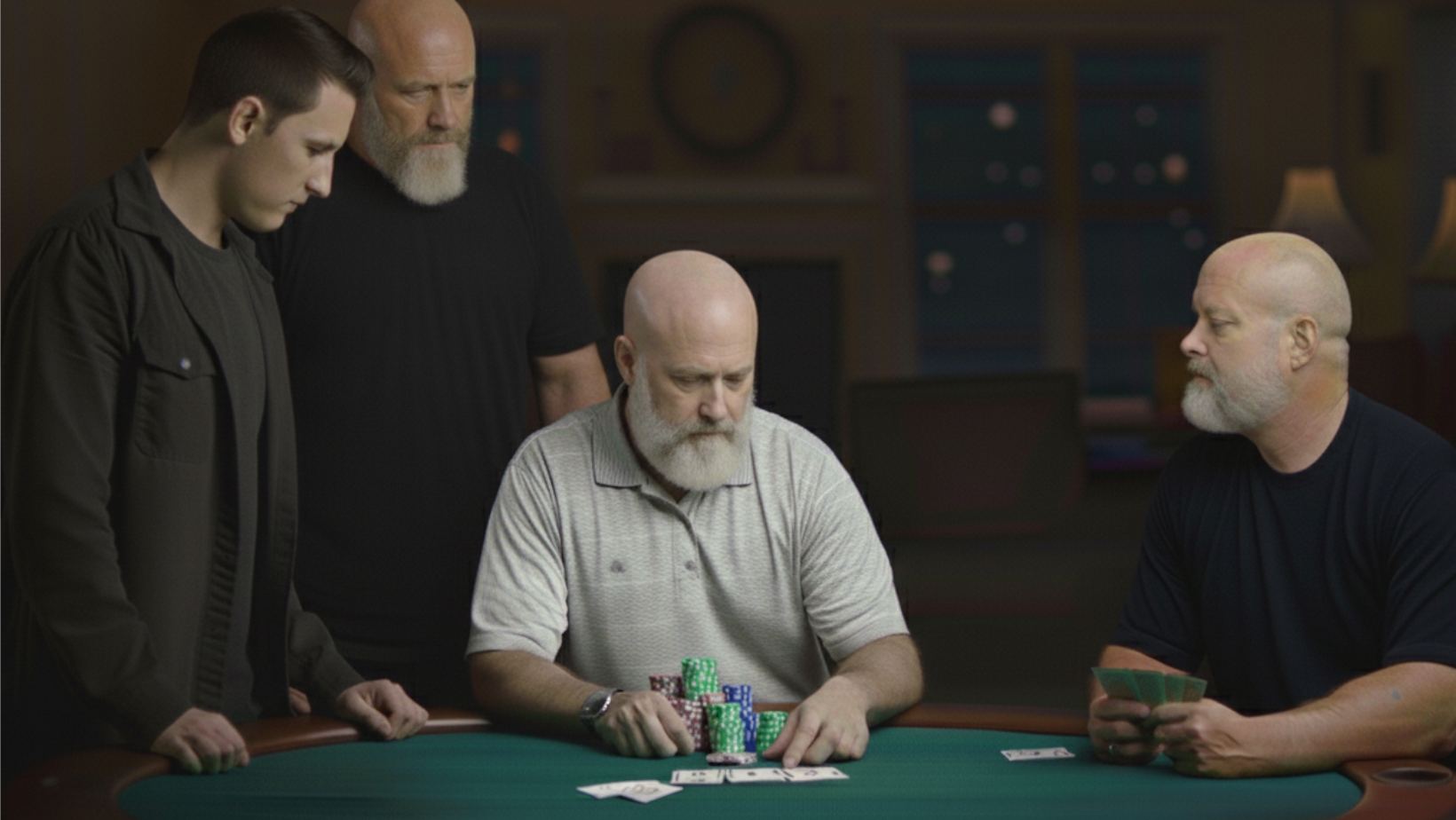 Four men sit and stand around a poker table, focused on the man in a white shirt stacking poker chips. Cards and chips are on the green table. The setting appears to be a dimly lit room.