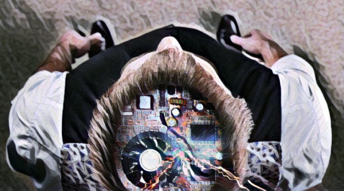 A digitally altered image shows a person in a suit, viewed from above. The top of the persons head is transparent, revealing a collage of gears and circuit board patterns, symbolizing the concept of a mechanized or digital mind.