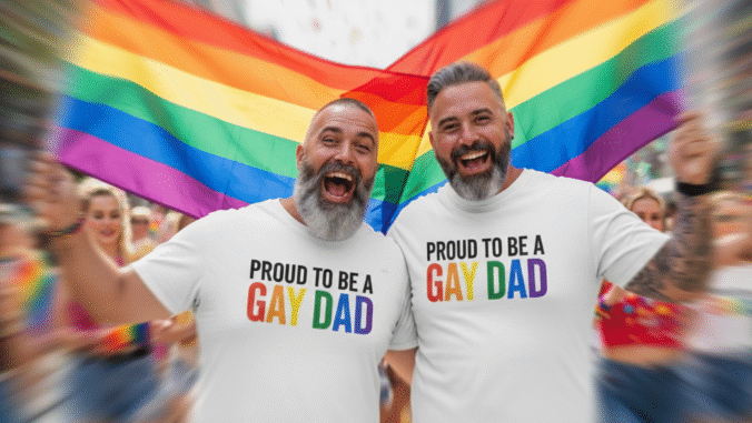 Two bearded men wearing Proud to be a Gay Dad shirts smile and hold a rainbow pride flag together at an outdoor event, surrounded by a crowd of people celebrating.