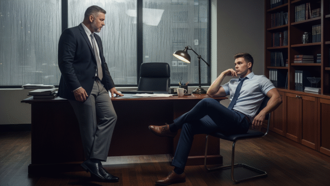 Two men in business attire have a serious discussion in a modern office. One man sits at a desk, appearing thoughtful, while the other stands nearby, engaging in conversation. Large windows and bookshelves fill the background.