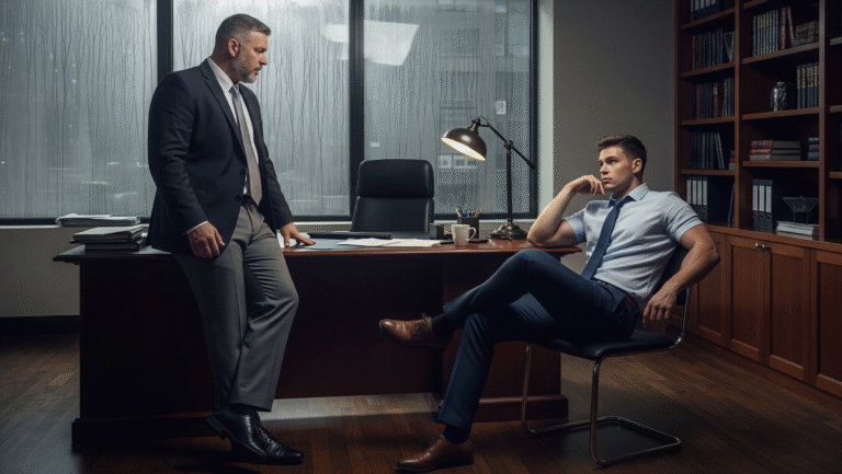 Two men in business attire have a serious discussion in a modern office. One man sits at a desk, appearing thoughtful, while the other stands nearby, engaging in conversation. Large windows and bookshelves fill the background.