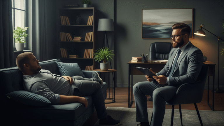 A man lies on a couch talking to a therapist in an office setting. The therapist, dressed in a suit, sits in a chair holding a clipboard. The room has bookshelves, a desk, plants, and soft lighting.