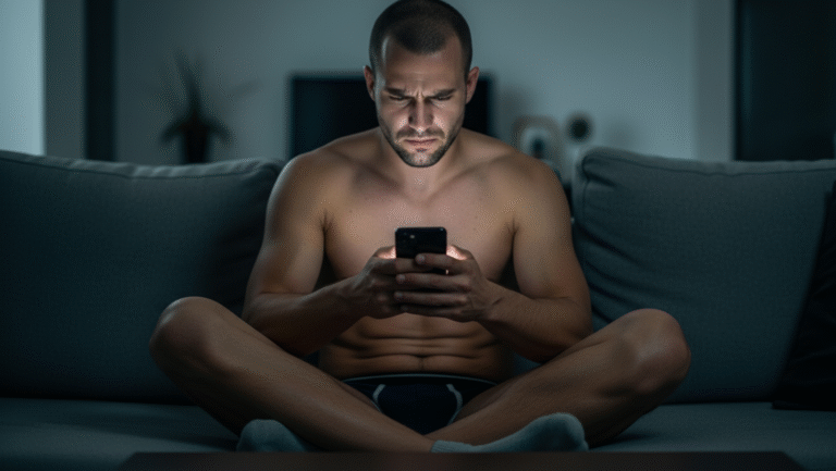 A shirtless man sits cross-legged on a couch at night, focused intently on his smartphone, with dim lighting illuminating his face and upper body.