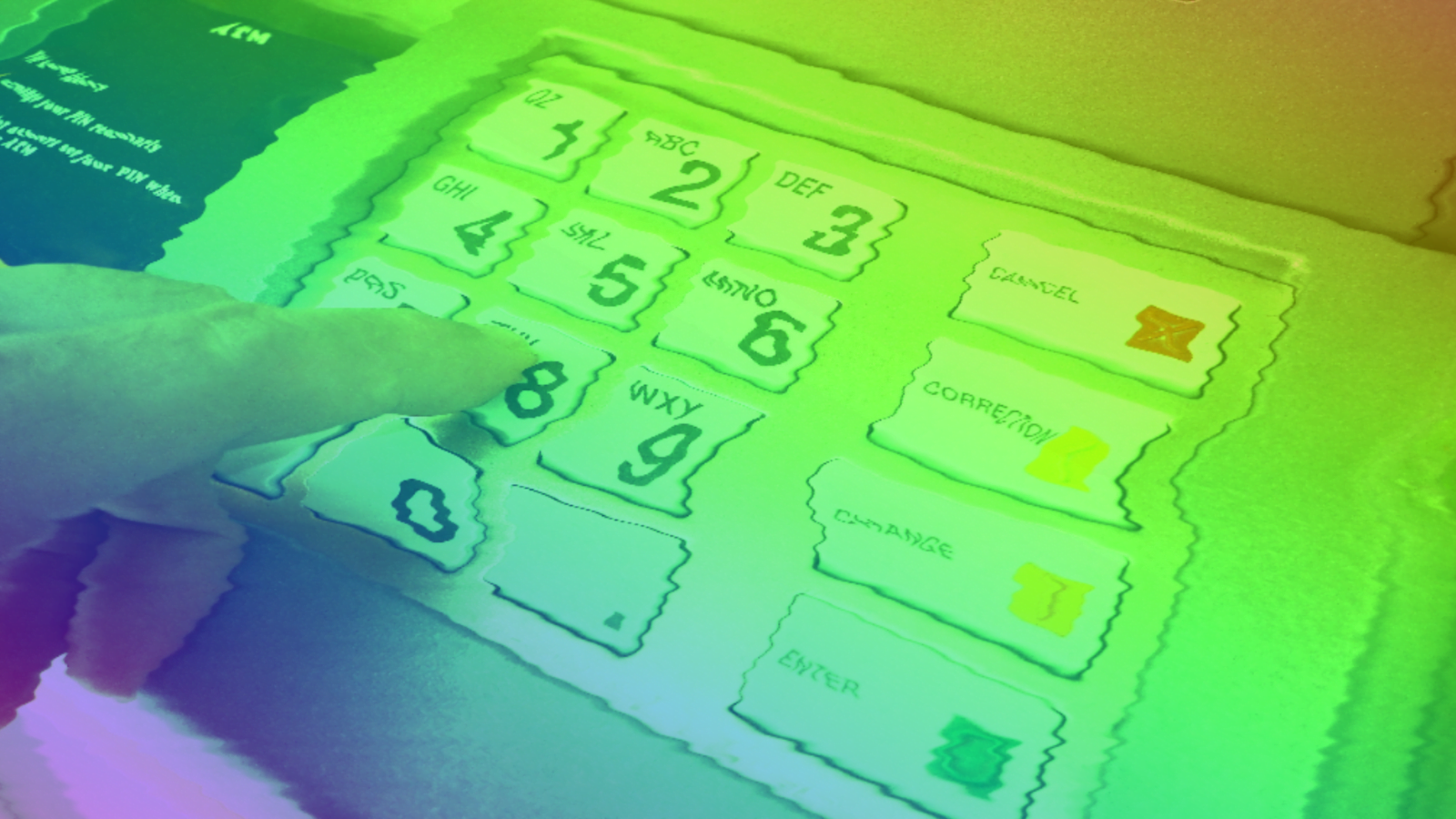 Stylized image of a man entering numbers on an ATM keypad