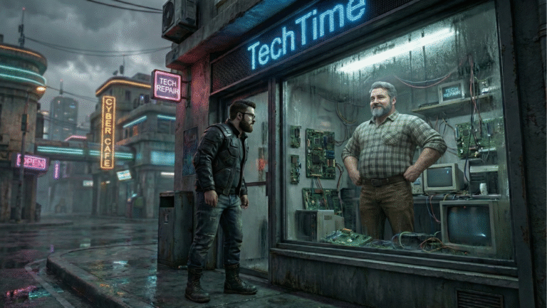 A man in a leather jacket stands outside a brightly lit tech repair shop at night, while another man stands inside surrounded by old computers and circuit boards, with neon signs glowing in the rainy city street.