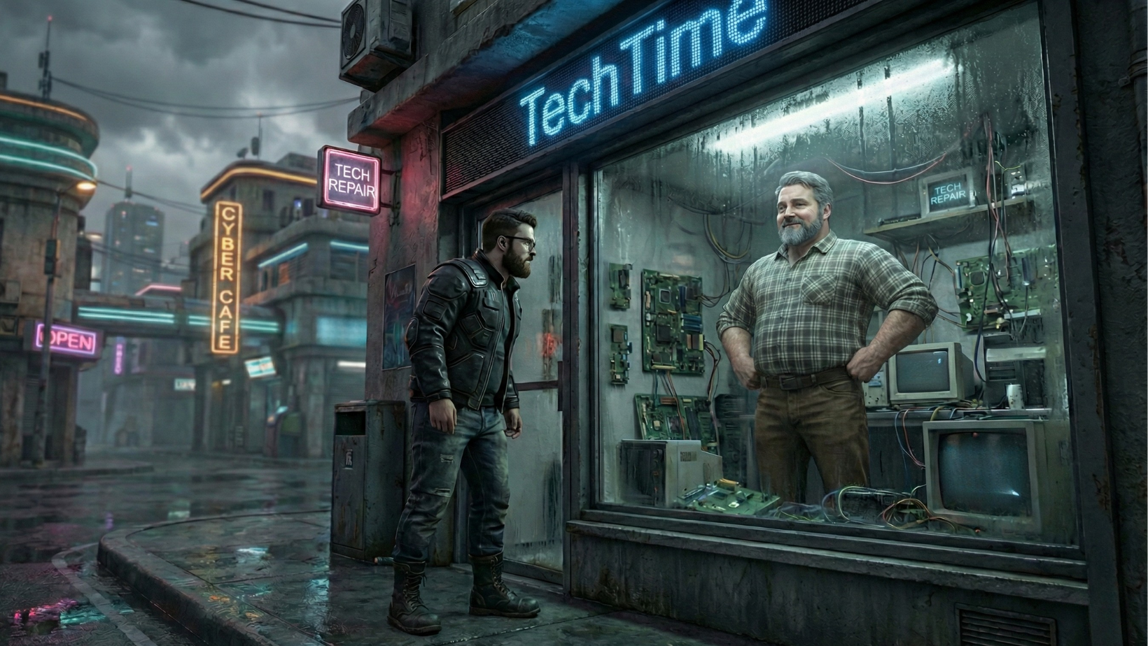 A man in a leather jacket stands outside a brightly lit tech repair shop at night, while another man stands inside surrounded by old computers and circuit boards, with neon signs glowing in the rainy city street.