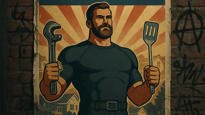 Illustrated poster of a muscular man with a beard holding a wrench in one hand and a spatula in the other, standing in front of sunburst rays and houses, with graffiti on the surrounding brick wall.