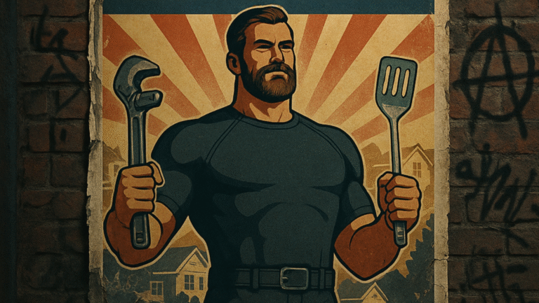 Illustrated poster of a muscular man with a beard holding a wrench in one hand and a spatula in the other, standing in front of sunburst rays and houses, with graffiti on the surrounding brick wall.
