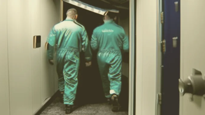 Two bears in coveralls walking away from the camera down a spacecraft hallway