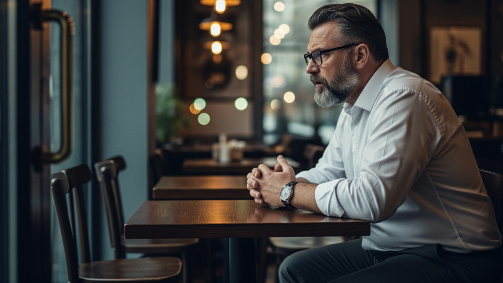 A man with glasses and a beard sits alone at a table in a dimly lit café, looking thoughtful. He wears a white shirt and has his hands clasped in front of him on the table.