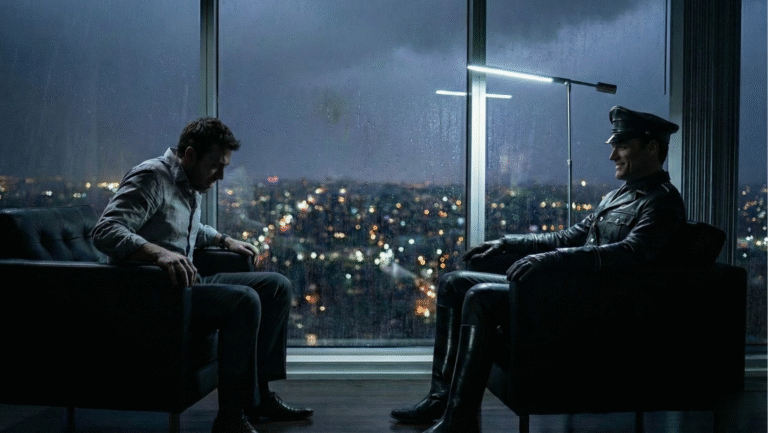 Two men sit across from each other in a modern, dimly lit room with floor-to-ceiling windows overlooking a city at night. One man is in a gray shirt; the other wears a dark uniform and cap. Rain falls outside.