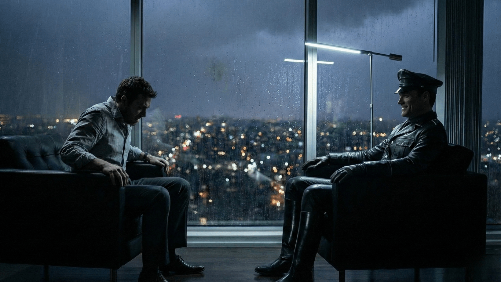 Two men sit across from each other in a modern, dimly lit room with floor-to-ceiling windows overlooking a city at night. One man is in a gray shirt; the other wears a dark uniform and cap. Rain falls outside.
