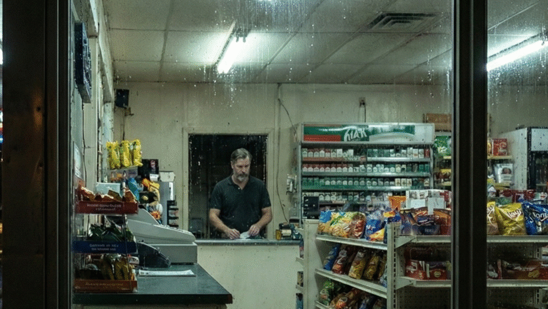 A man stands behind the counter of a small convenience store at night, surrounded by shelves stocked with snacks, candy, and various products, seen through a rain-speckled window.