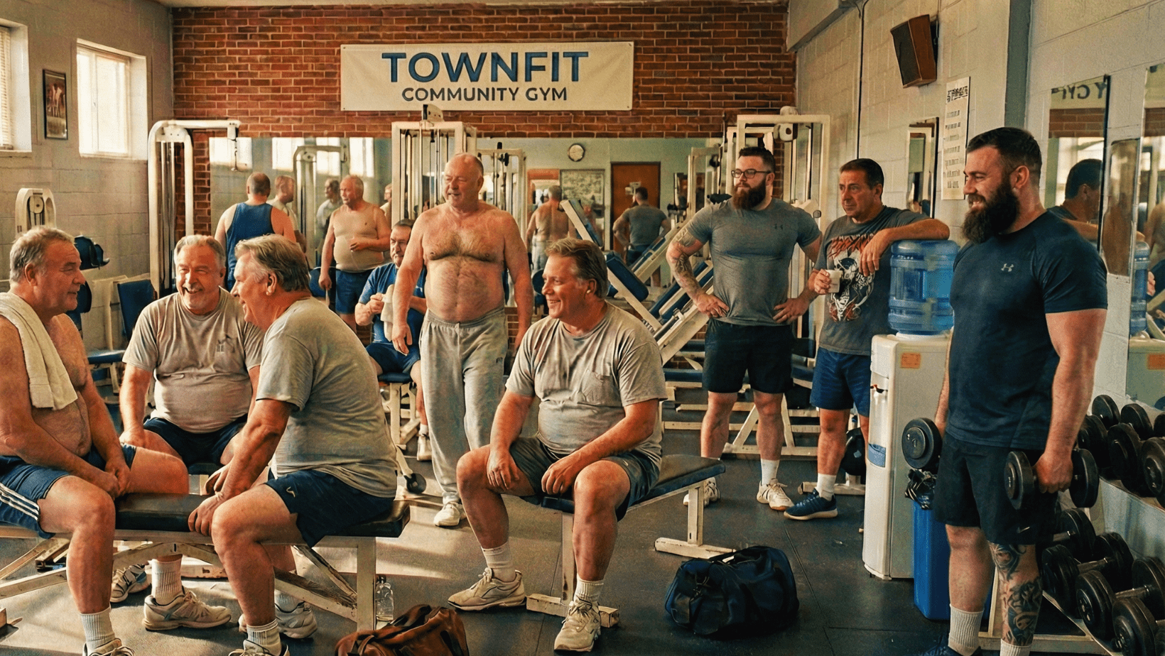 A group of older men in workout clothes sit and stand around gym equipment at TOWNFIT Community Gym, socializing and laughing, with fitness machines and mirrors in the background.
