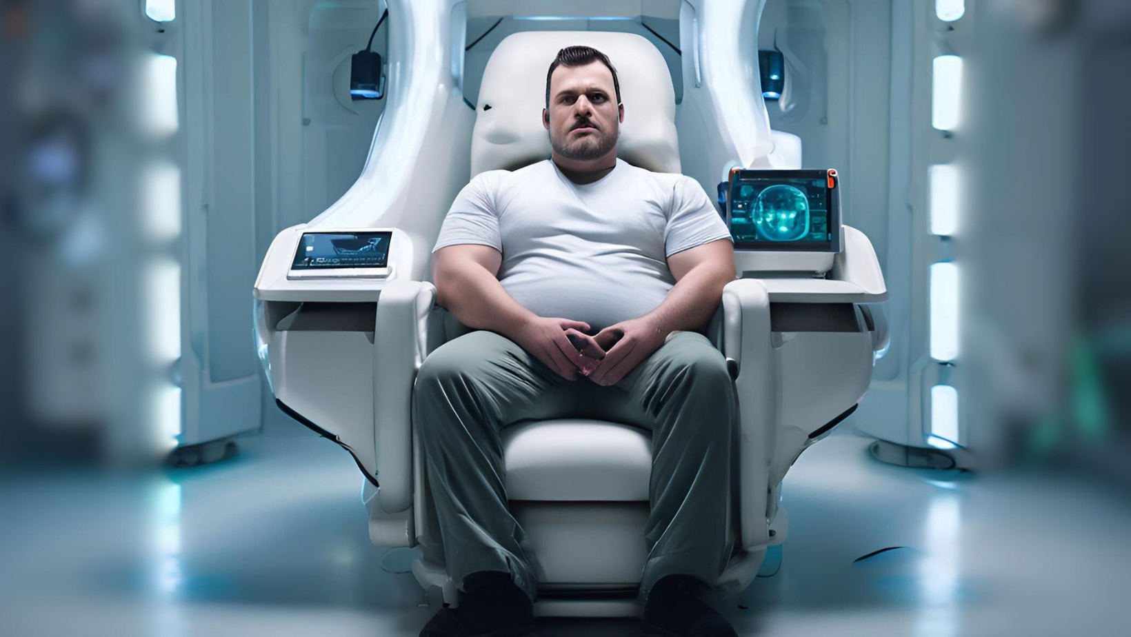 A man in his 30s with dark hair, beard, and a belly is seated in a futuristic white chair within a high-tech, illuminated room. The chair is centrally located and is part of a sophisticated setup with screens displaying data on either side.