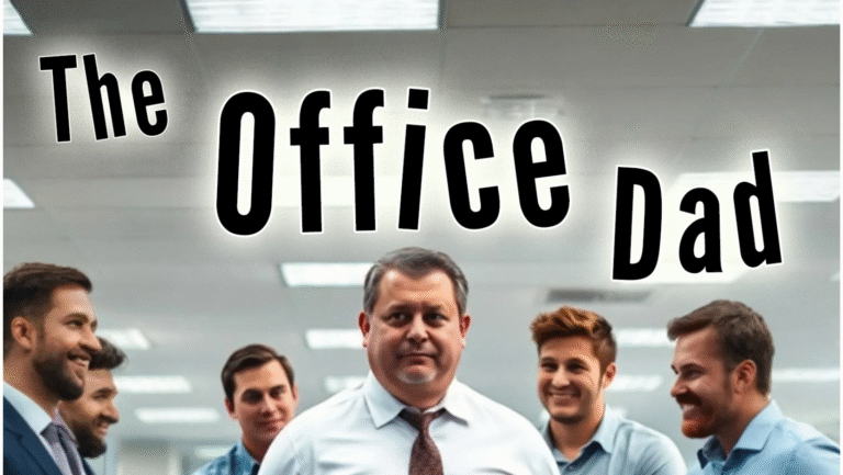 A middle-aged man in office attire stands in the foreground, looking serious, while younger male coworkers smile and laugh behind him. Large text reads The Office Dad above their heads.