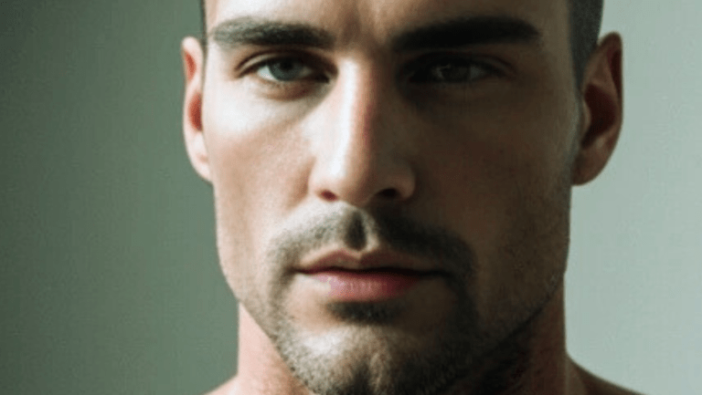 Close-up portrait of a man with short dark hair and facial stubble, looking towards the camera with a neutral expression. The background is a soft, muted gray.