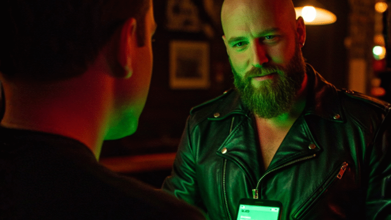 A bearded man in a leather jacket holds a phone displaying a green screen while talking to another person in a dimly lit room with red and green lighting.