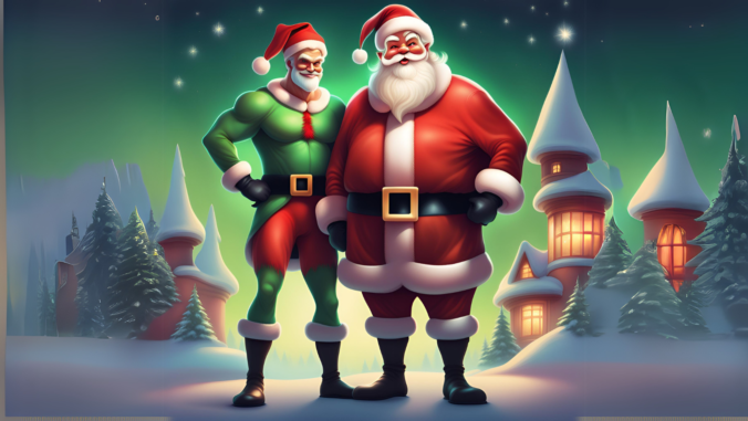 Santa Claus and a burly elf in Christmas outfits stand outside in a snowy village at night, surrounded by decorated, glowing houses.