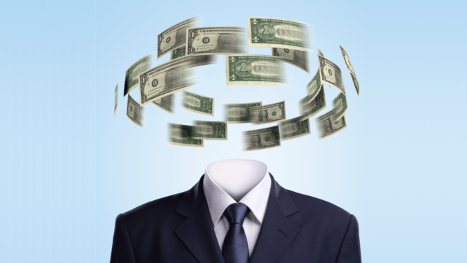 A headless suit with floating paper money in a circular motion above, set against a light blue background.