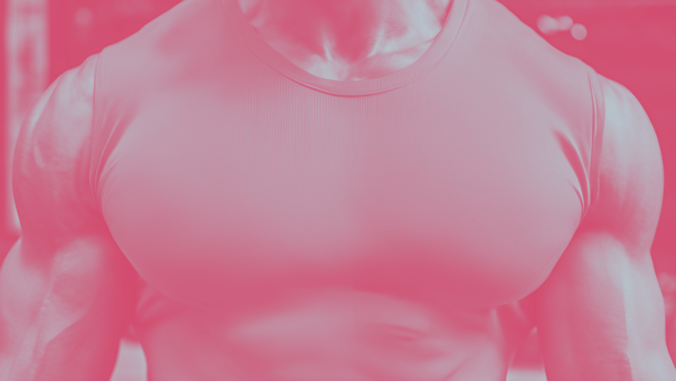 A closeup on a man’s muscular chest with him wearing a crop top tank top and the picture colored overall with a pastel tone.