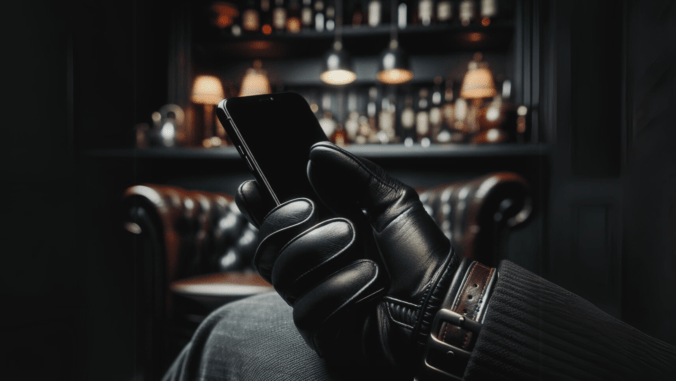 A person wearing black leather gloves holds a smartphone in a dimly lit room. The background features a leather chair and shelves stocked with bottles, creating a mysterious, sophisticated ambiance.