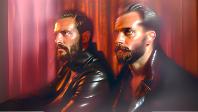 Two men with beards are sitting side by side in a dimly lit room with red curtains. Both are wearing leather jackets and looking away from the camera, creating a mysterious and moody atmosphere.