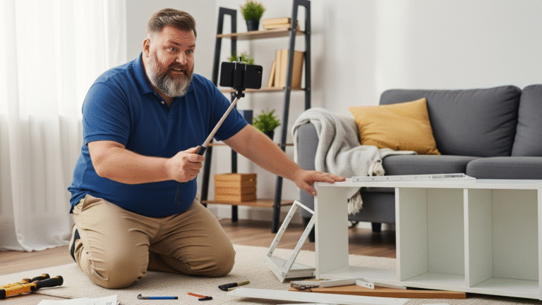 A man kneels on the floor assembling a white piece of furniture with a hammer in hand, surrounded by tools in a living room with a gray sofa and bookshelf in the background.
