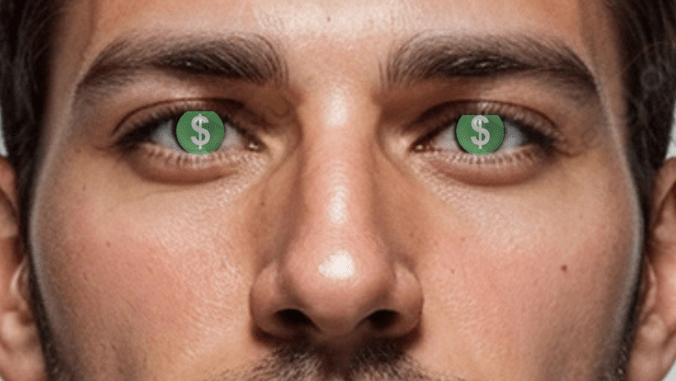 Close-up of a person’s face with eyes edited to show green dollar signs in place of irises, symbolizing financial focus or obsession.