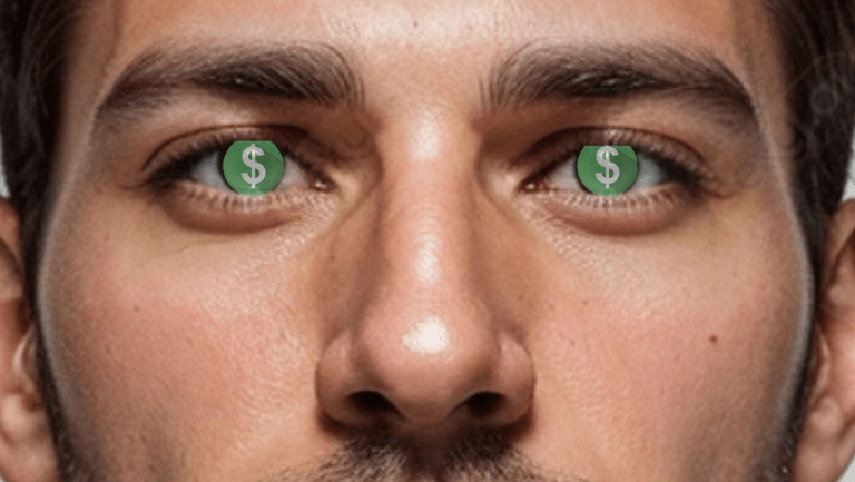 Close-up of a person’s face with eyes edited to show green dollar signs in place of irises, symbolizing financial focus or obsession.