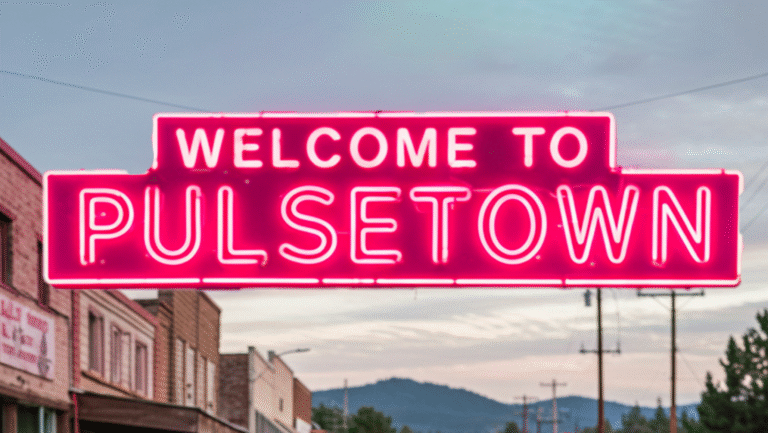 Bright pink neon sign reads WELCOME TO PULSETOWN above a street with buildings and distant mountains visible in the background under a partly cloudy sky.
