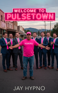 A man in a pink shirt and hat stands in the foreground with arms open under a neon sign reading Welcome to Pulsetown. Six men in suits with pink ties cheer in the background. Text at the bottom says Jay Hypno.