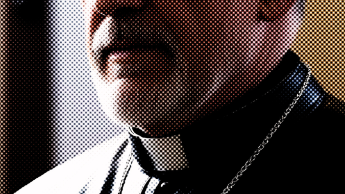 Close-up shot of a person wearing a clerical collar and a chain. The image is stylized with a dotted, high-contrast effect, emphasizing the texture and shadows on the persons face and clothing.