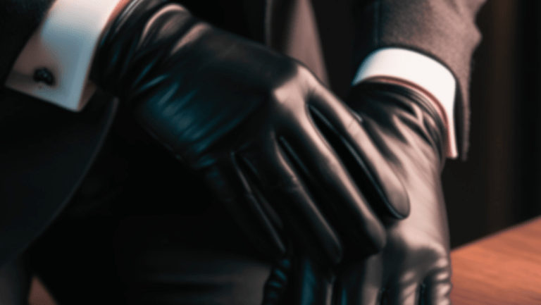 Close-up of a person wearing black leather gloves and a dark suit with white cuffs.
