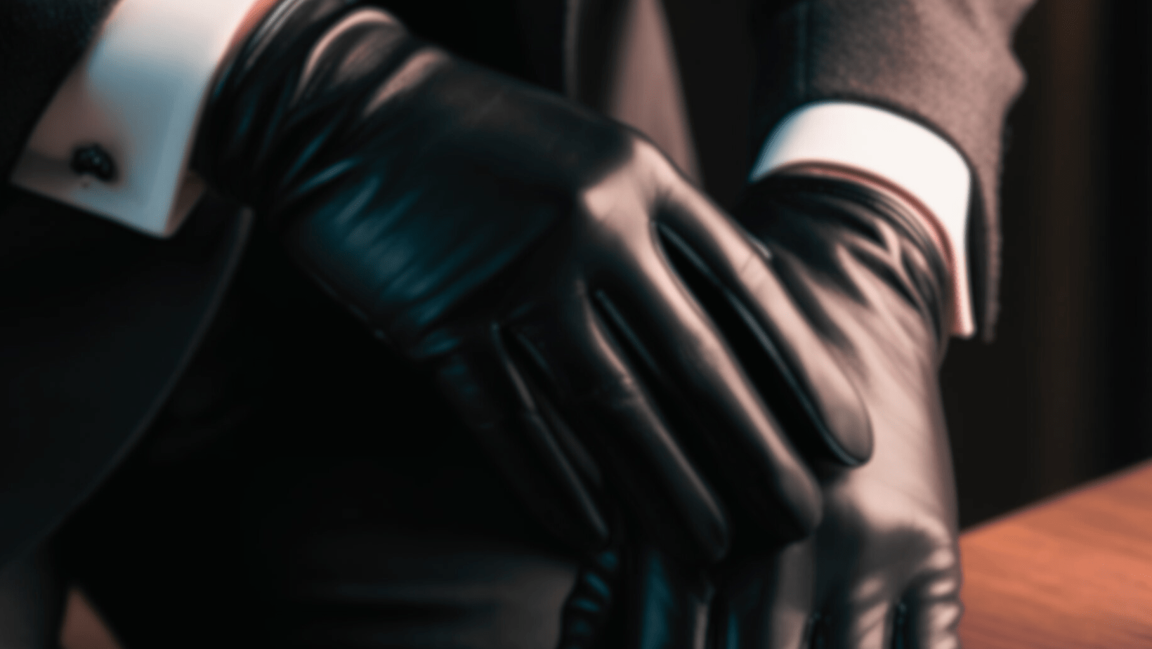 Close-up of a person wearing black leather gloves and a dark suit with white cuffs.