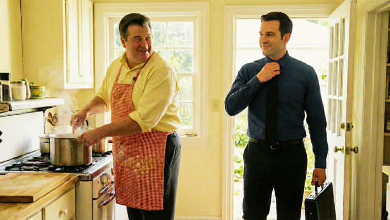A man in an apron stirs a pot on the stove, smiling, while another man in business attire adjusts his tie and holds a briefcase, standing by a door in a bright kitchen.