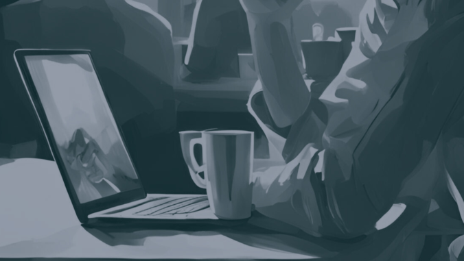 A grayscale digital illustration of a person sitting at a table with an open laptop and a coffee cup. The focus is on the cup and laptop, with the background softly blurred, depicting a casual and relaxed atmosphere.