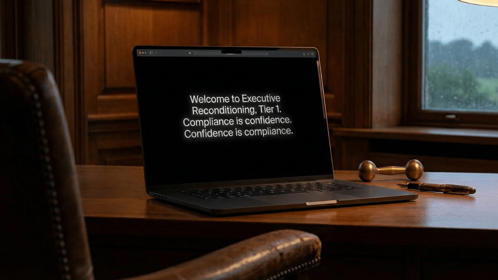 A laptop sits open on a wooden desk in an office, displaying the text: Welcome to Executive Reconditioning, Tier 1. Compliance is confidence. Confidence is compliance.