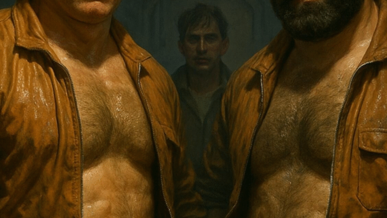Two muscular, shirtless men in brown jumpsuits stand in the foreground, their chests exposed and sweaty. In the background, a man in a shirt looks on with a serious expression, partially obscured by shadows.
