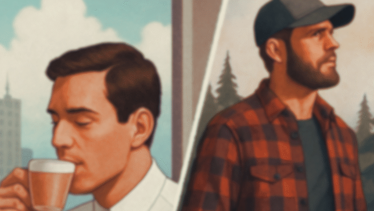Split image: on the left, a man in a white shirt drinks coffee in an office setting; on the right, a bearded man in a plaid shirt and cap stands outdoors near trees.