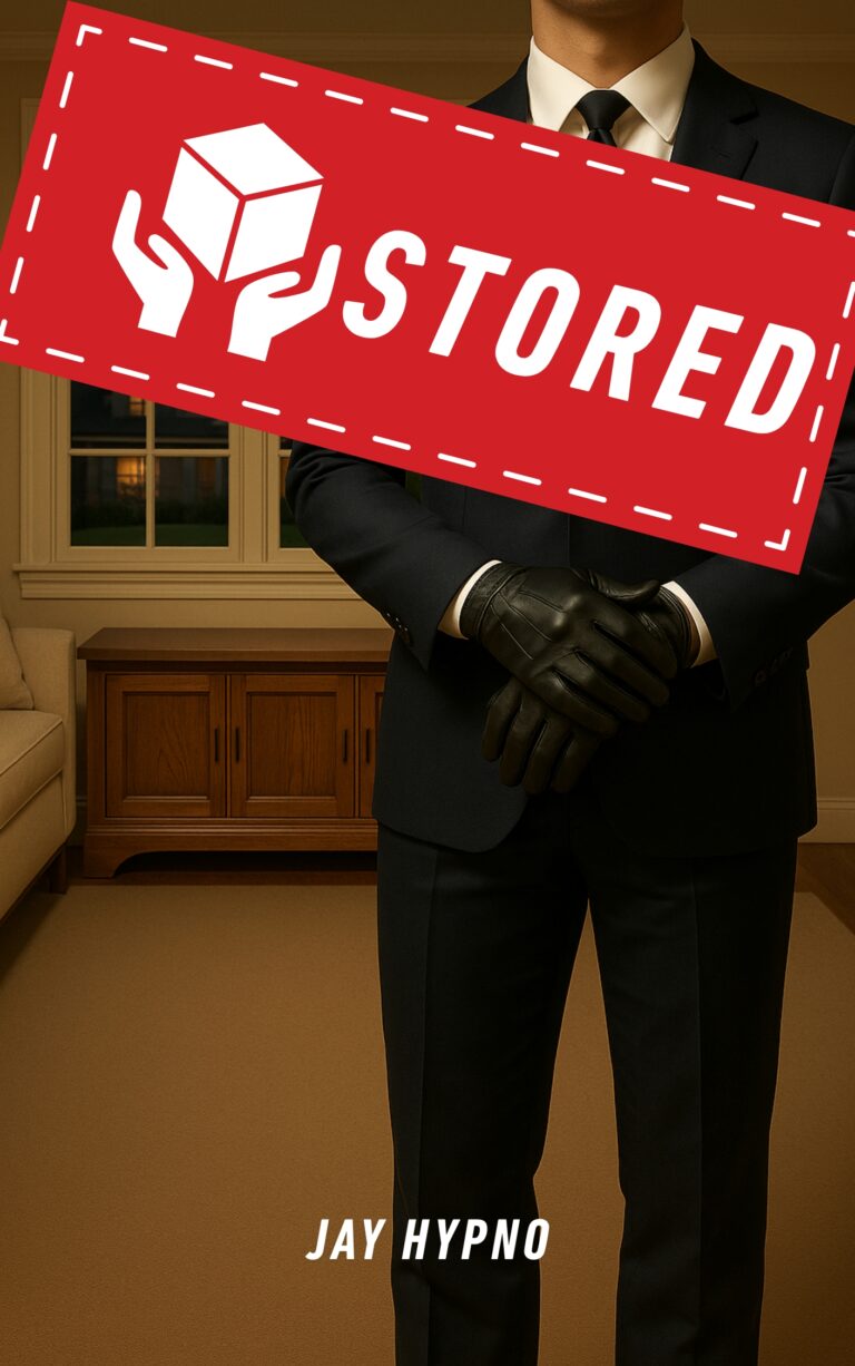 A person in a black suit and black gloves stands indoors. A large red sign with hands holding a cube and the word STORED covers the upper part of their body. The name JAY HYPNO appears at the bottom.