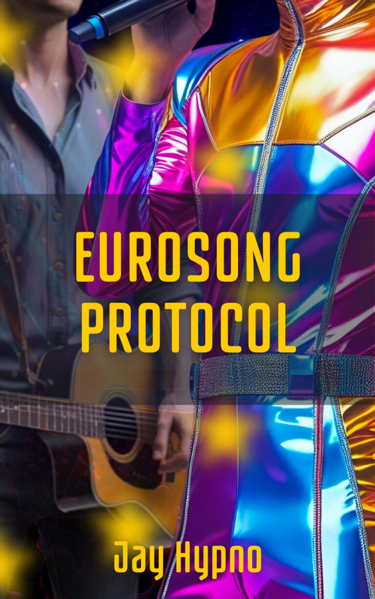 Book cover for EuroSong Protocol by Jay Hypno, featuring a person in a shiny, rainbow-colored outfit alongside a person playing an acoustic guitar. Bright yellow lights are scattered across the image.