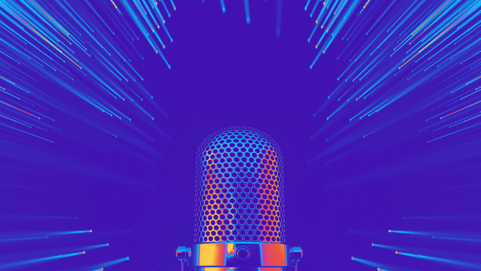 A vintage-style microphone is centered against a vibrant blue and purple background with radiating light streaks, giving a dynamic, futuristic effect.